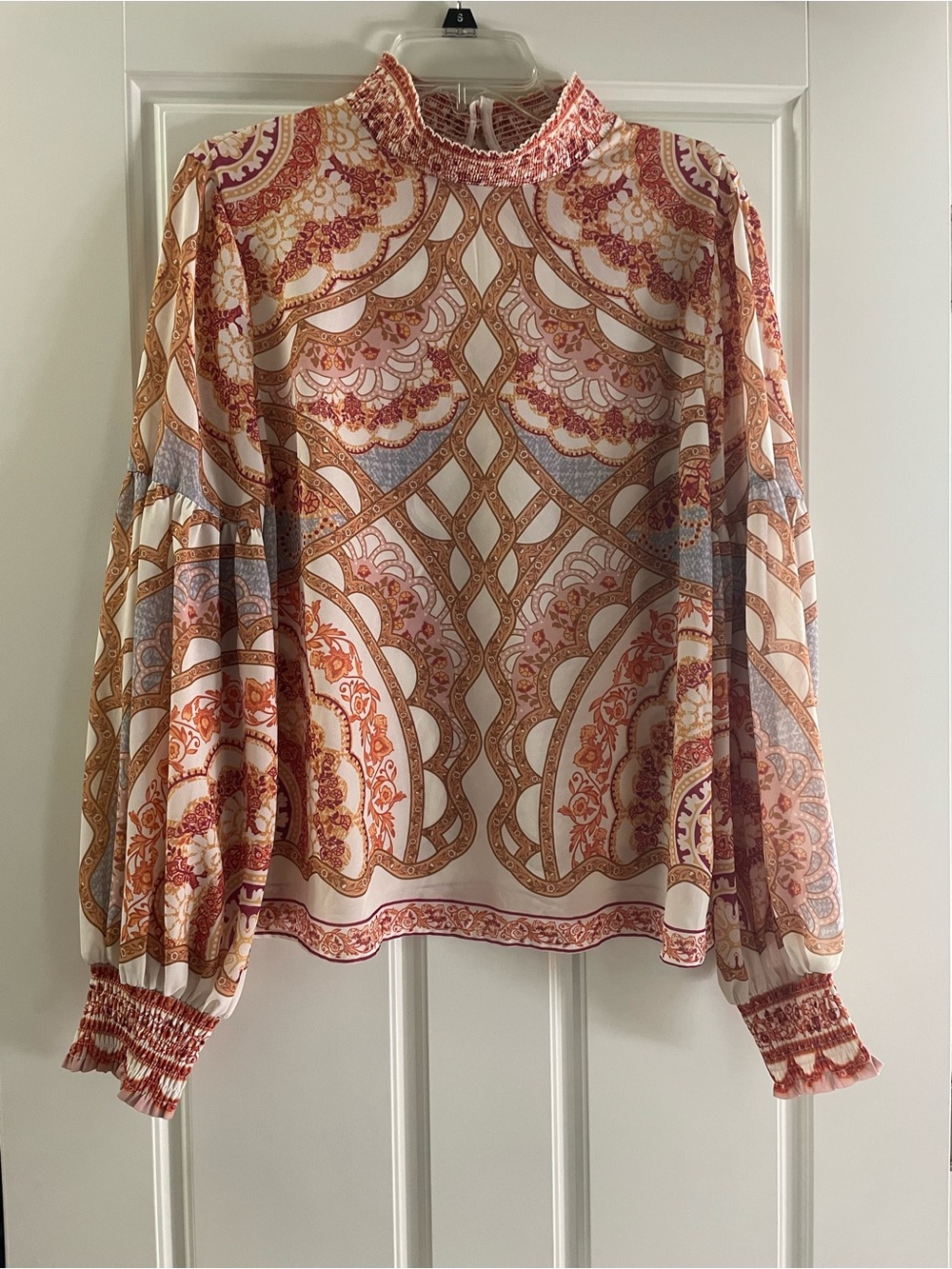 fab'rik Paisley-Print Smocked-Neck Blouse in Pink, Gold and Cream